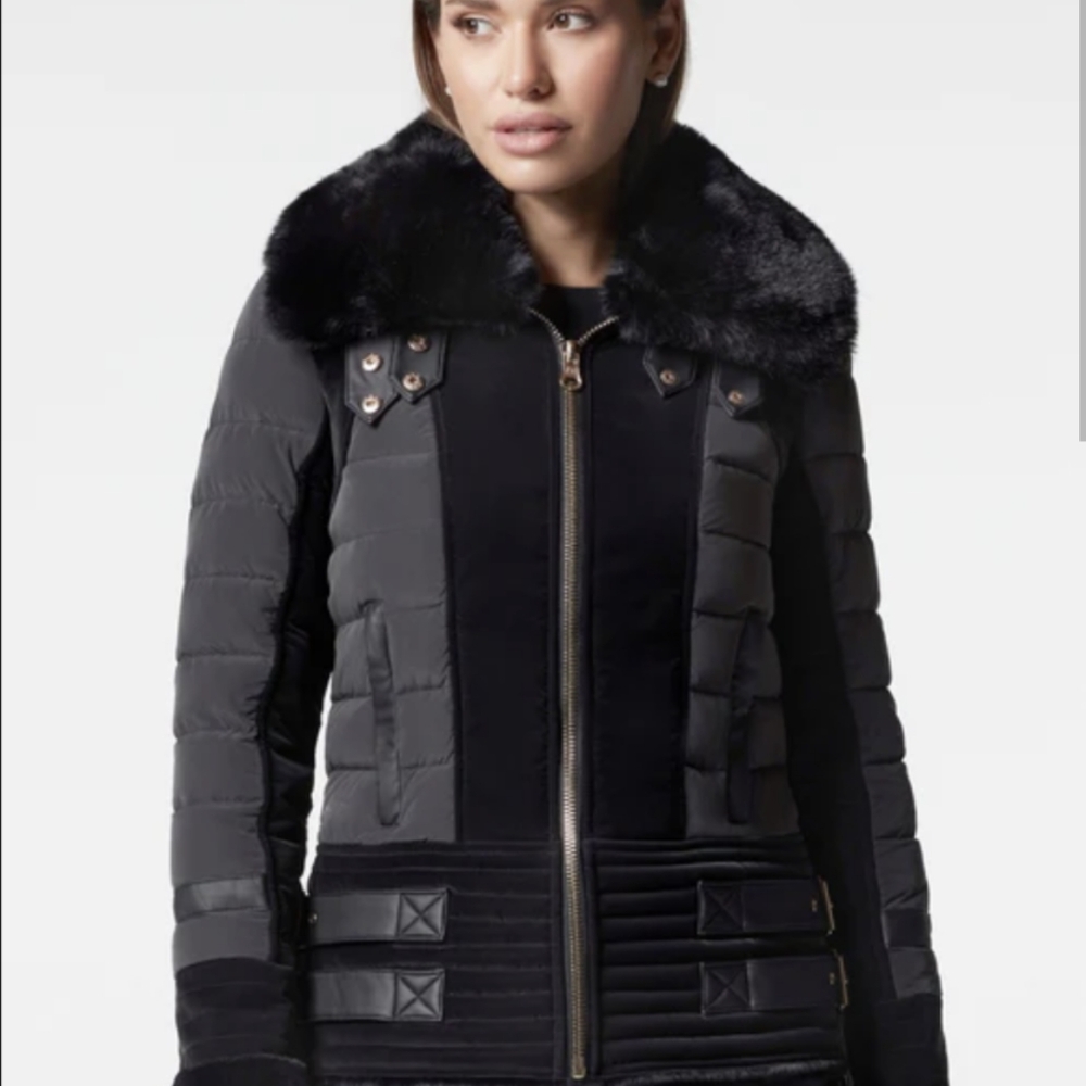 Blanc Noir Moto Aviator Black Puffer Jacket with Cream Faux Fur - Picture 2 of 13
